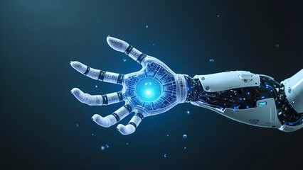 Digital Hand Hologram with Neural Network on Dark Background – AI Communication Concept
