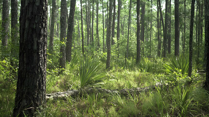 Fototapeta premium Pine Forest Sunlight Scene