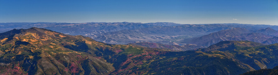 Box Elder Peak view from peak, American Fork Canyon. Lone Peak, Mt Timpanogos Uinta-Wasatch-Cache National Forest, Wasatch Range Rocky Mountains, Utah, United States.