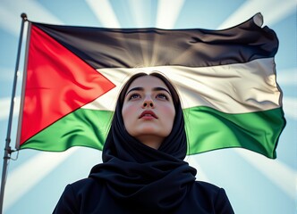 Young Woman in Hijab Gazing Up at Waving Palestinian Flag Outdoors