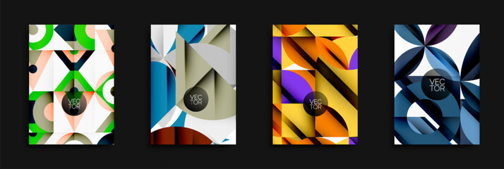 Four abstract vector designs. Geometric shapes overlap, creating colorful patterns. Modern aesthetic, vibrant hues dominate compositions.