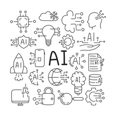 Set of doodles on the topic of artificial intelligence.