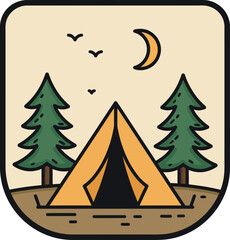 Camping tent between pine trees under crescent moon and flying birds flat design vector illustration