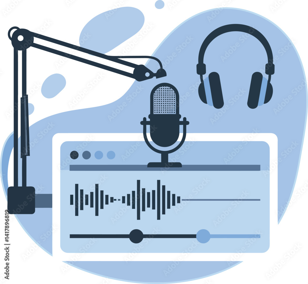 Poster podcast recording setup with microphone, headphones, and audio waveform in flat minimal style vector