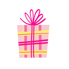 Vector illustration of a pink plaid gift box with yellow and hot pink ribbons. Hand drawn present with large decorative bow. Cute holiday clipart for party and Pink plaid gift box vector illustration