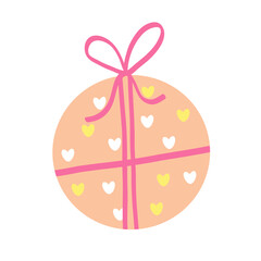 Vector illustration of round pastel gift box with bow and heart pattern. Cute hand drawn present for holidays, birthdays, or romantic occasions in soft peach and pink colors. 