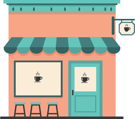Obraz premium Small coffee shop building with striped awning and stools minimal flat design vector illustration