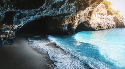 Seaside cavern with turquoise water meeting a sandy shoreline at daylight