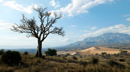 Arid Desert Landscape With Lonely Tree