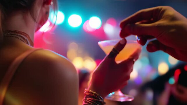 A woman unknowingly holding a cocktail with pills dropped inside, highlighting drink spiking awareness
