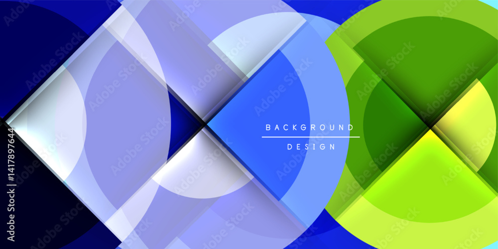 Aufkleber Abstract geometric composition. Overlapping circles, squares create dynamic visual effect. Blue, green hues dominate design. Modern, vibrant.