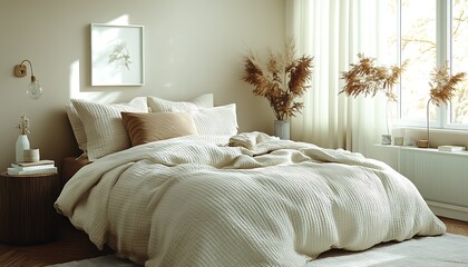 Cream Beige Minimalist Bedroom Interior Design with Sunlight