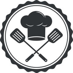 Chef hat and crossed spatulas emblem in simple black and white flat design vector art
