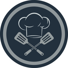 Chef hat and crossed spatulas cooking utensils in minimal flat design circular badge vector illustration