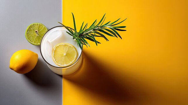 cocktail mixology branding concept. Refreshing drink with lemon slices and rosemary on a vibrant yellow background.