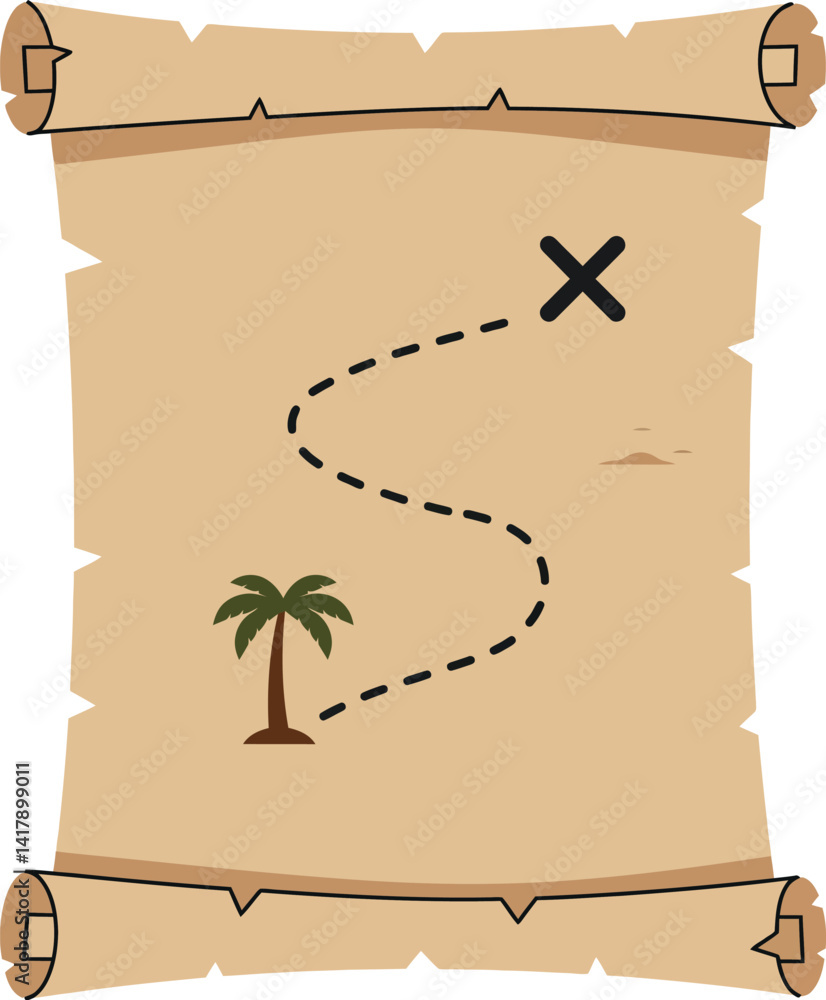 Poster treasure map with palm tree and marked path in simple flat style vector illustration