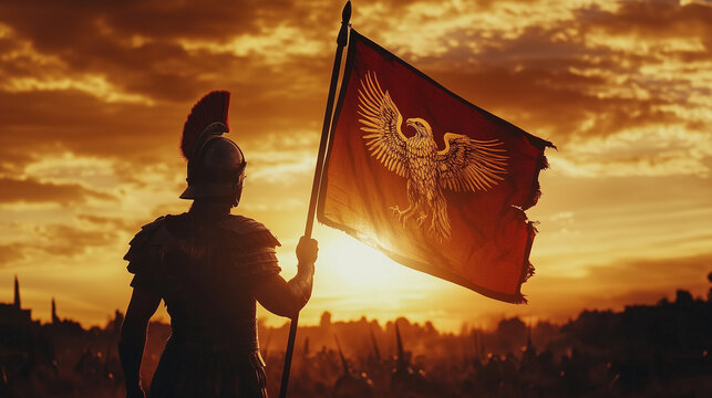 Roman soldier holding red flag at sunset

