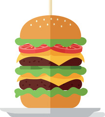 Double cheeseburger with tomato lettuce and sesame bun in flat minimal style vector illustration