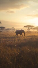Serene african savanna scene featuring an elephant traversing the landscape at sunrise
