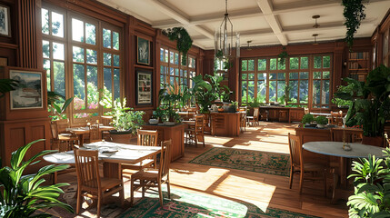 Fototapeta premium Sunlit Victorian Library Interior With Plants