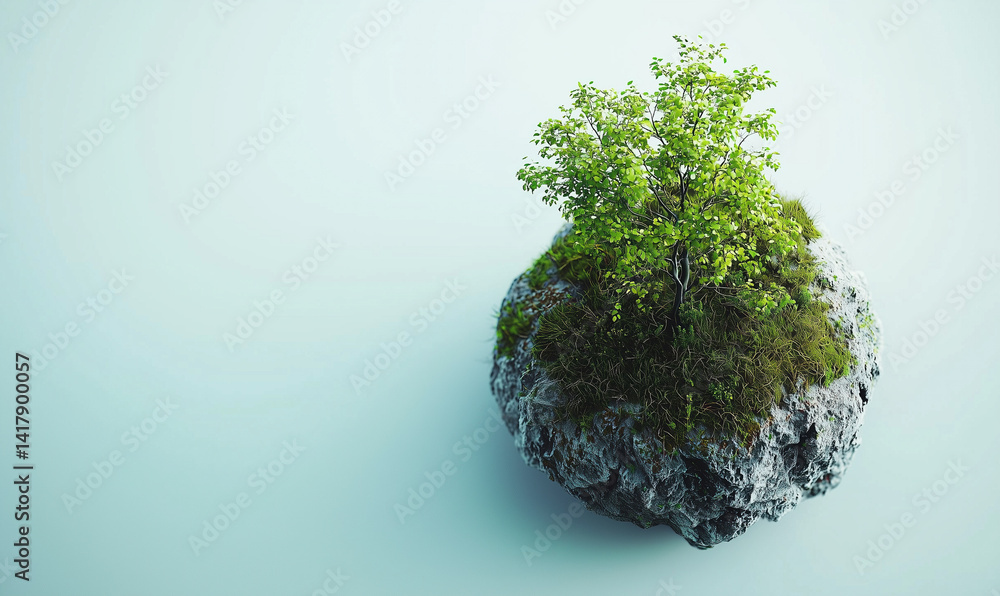 Poster a floating island with lush greenery on a textured surface, symbolizing nature and tranquility in a 