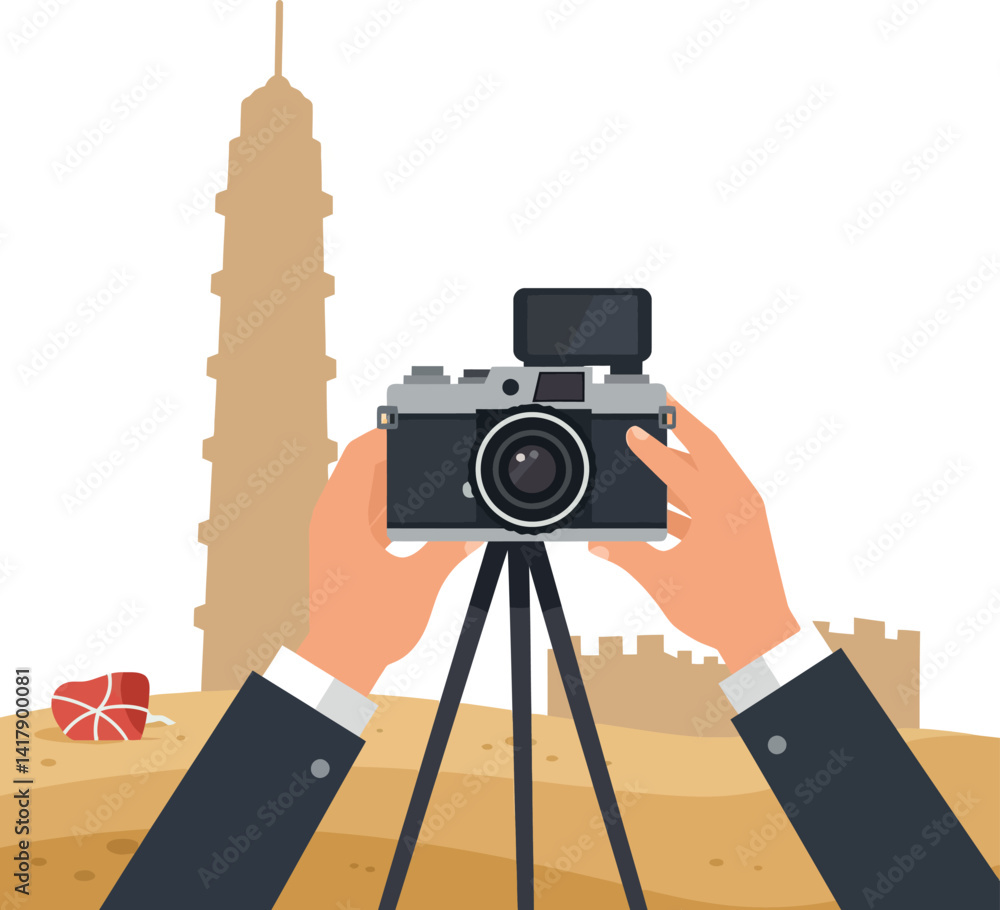 Poster hands holding camera on tripod capturing urban architecture with minimal flat style vector illustrat