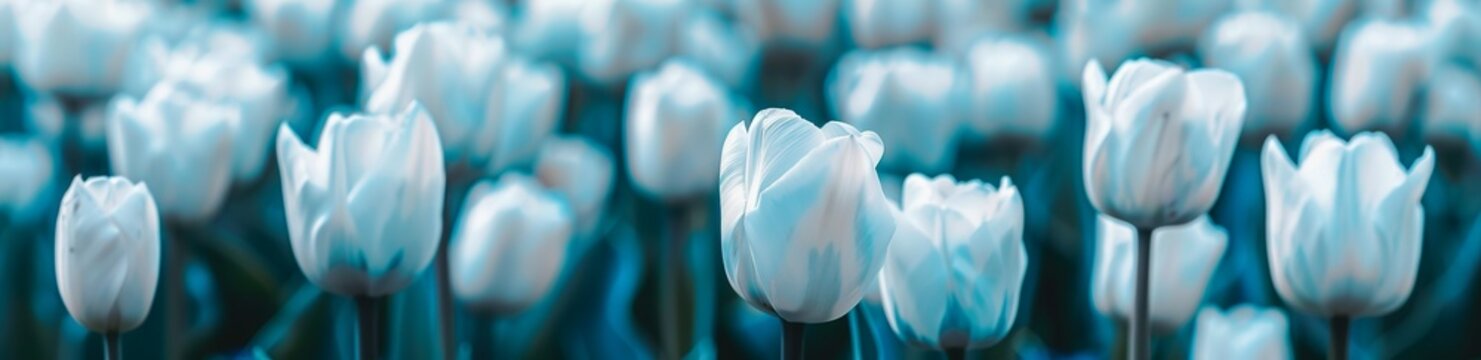 Soft blue tulip field with blurred focus and gentle pastel tones