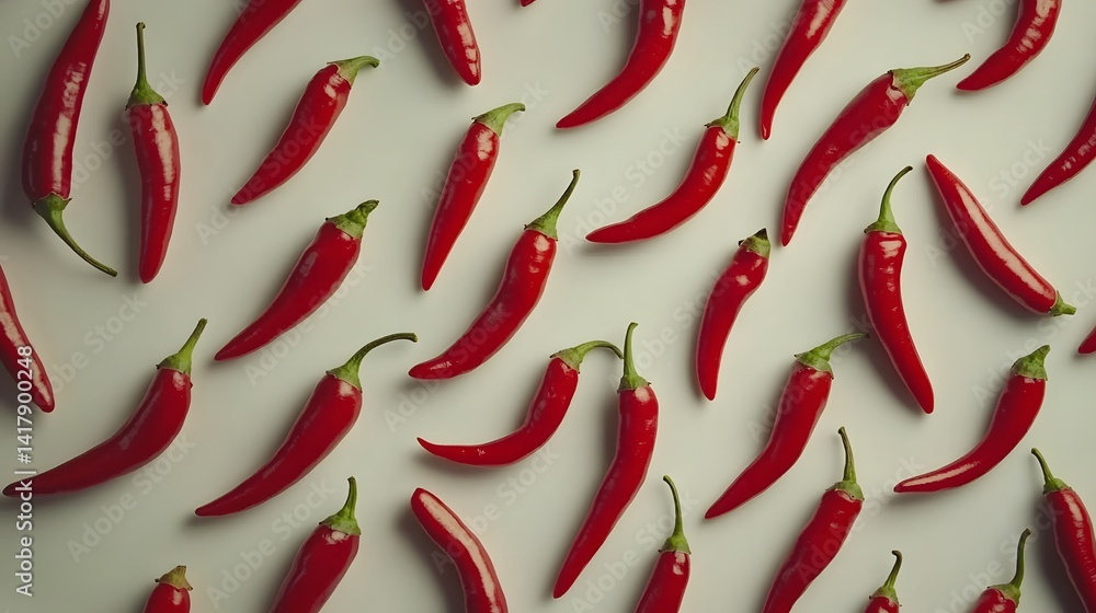 Poster a vibrant flat lay showcasing numerous red chili peppers arranged in a visually appealing pattern ag