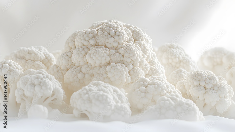 Poster close-up of multiple fresh, white cauliflowers clustered together. soft lighting and a clean white b