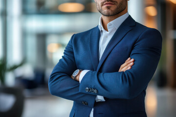 Fototapeta premium Man in suit standing with arms crossed, facing city skyline. Confidence and determination evident.
