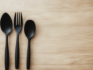 Black Cutlery on Wood