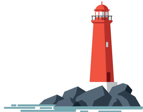 Red lighthouse standing on dark rocks by calm water in minimal flat design vector illustration