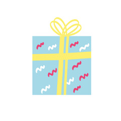 Vector illustration of a blue gift box with yellow ribbon and colorful squiggle pattern. Hand drawn festive present in pastel tones. Cute holiday clipart for party and birthday designs. 