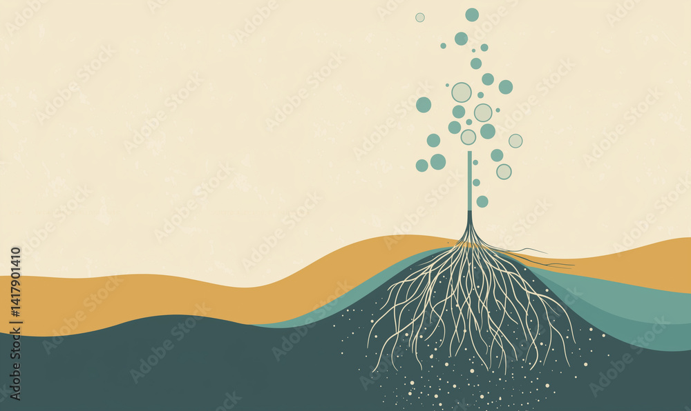 Poster an abstract illustration showing a plant's roots submerged in water, with bubbles rising above and a