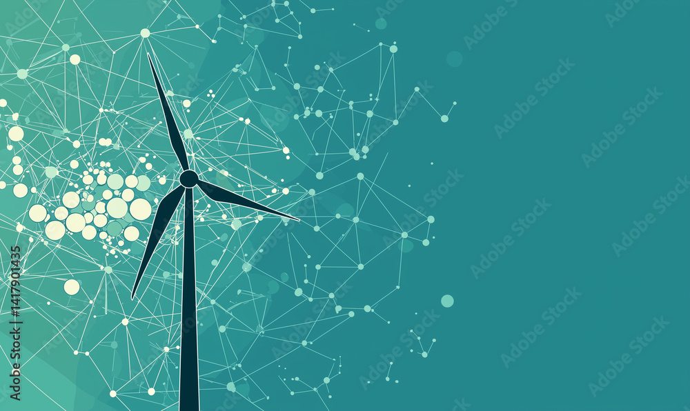 Poster abstract illustration featuring a wind turbine surrounded by network-like structures on a vibrant te