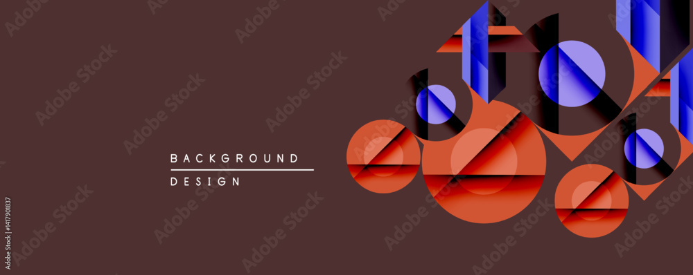 Aufkleber Abstract geometric composition. Circles, rectangles overlap creating layered visual effect. Warm, cool tones contrast against dark background.