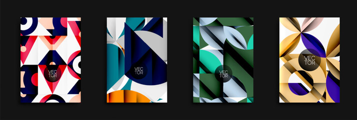 Abstract geometric designs. Bright colors, shapes overlap creating modern visuals. Vector illustrations for backgrounds or posters.