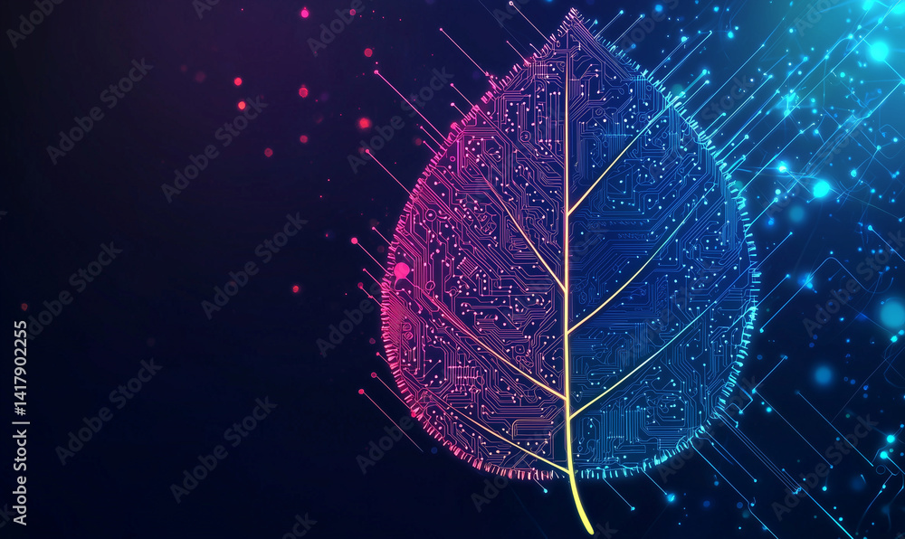 Poster a digital leaf design combining nature and technology, featuring circuits and a gradient green-blue 