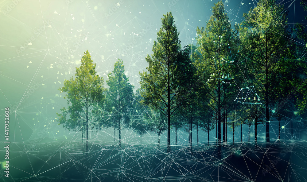 Poster abstract digital representation of trees, merging nature and technology, with intricate geometric li