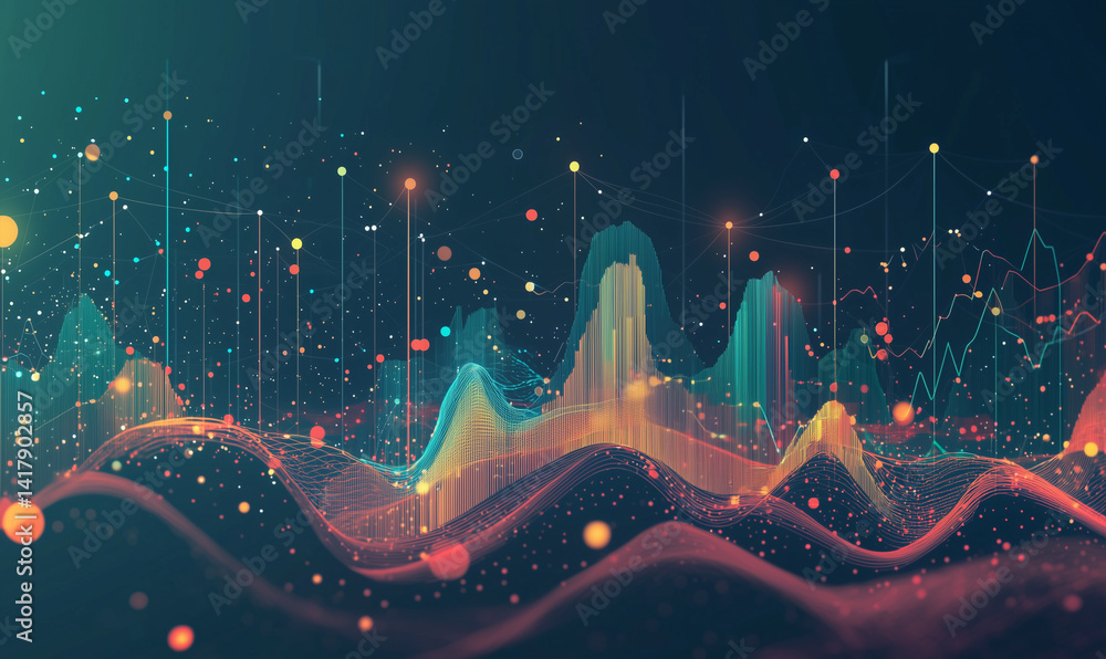 Poster abstract digital landscape featuring dynamic waves, vibrant colors, and intricate data visualization