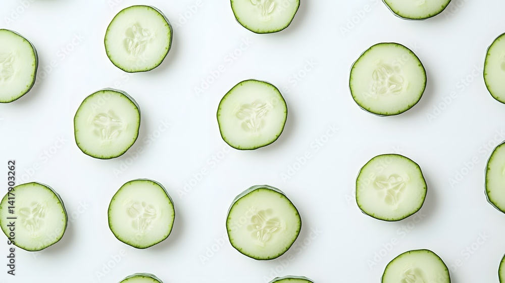 Poster a flatlay showcasing numerous cucumber slices arranged in a neat pattern against a bright white back