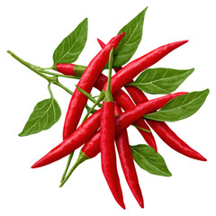 Fresh Red Chili Peppers with Green Leaves for Culinary Use isolated on transparent background.