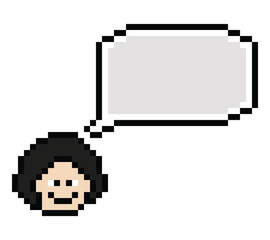 Obraz premium Cartoon pixel cute character man face with chat box blank decoration 8 bit male boy say speak discuss idea chat box cartoon pixel 8bit game png vector.