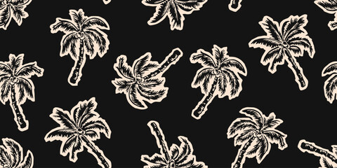 Tropical pattern with freehand drawn palm trees. Hawaii summer background organic shapes black and white for fabric, textiles, clothing, poster, cover, decor, banner, wallpaper. Vector illustration. © Udomdech