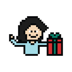 Fototapeta premium Cute pixel cartoon 8bit character woman give gift box birthday christmas bonus reward surprise decoration 8 bit female girl give gift box shopping bonus christmas day game png vector.
