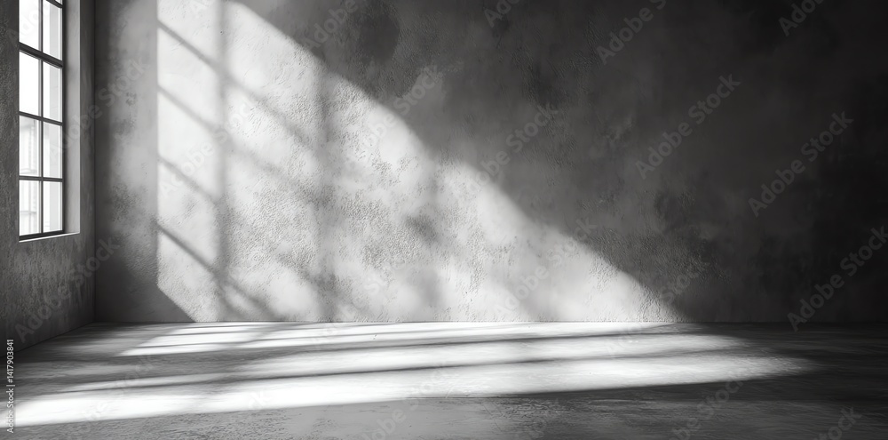 Poster a sunlit empty room features a textured concrete wall and floor with strong light and shadow pattern
