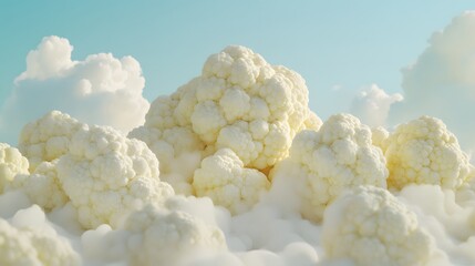 Giant cauliflowers resembling fluffy clouds drift across a pastel blue sky. A surreal and whimsical image, perfect for food, nature, or fantasy themes.