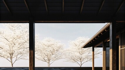 Tranquil Japanese Garden View from Under Wooden Pavilion Cherry Blossoms in Bloom