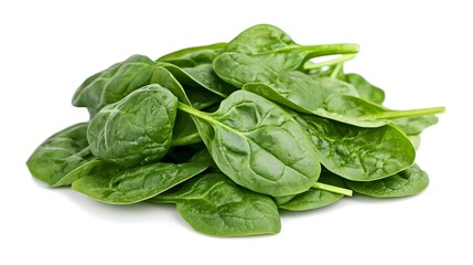 Obraz premium A pile of fresh, vibrant green spinach leaves isolated on a white background. Perfect for healthy eating and recipe visuals.