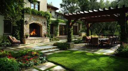 Obraz premium Outdoor patio with fireplace, pergola, and dining area